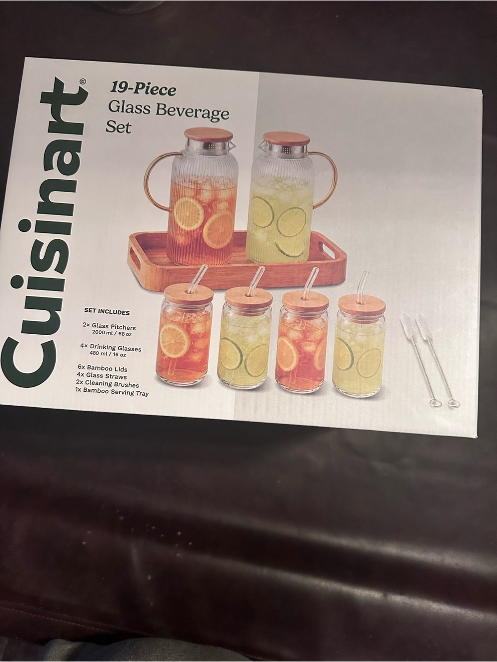 Cuisinart Clear Glass Beverage Set with Bamboo Lids and Tray